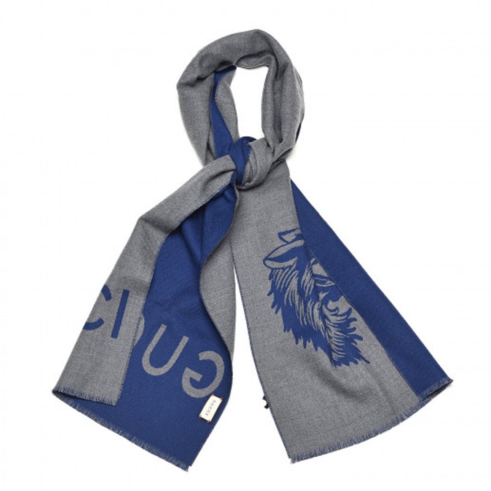 Gucci Blue and Gray Wool Scarf with Wolf Design 71” x 14” - Picture 4 of 10